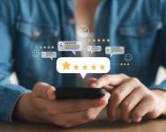 Person on a phone with satisfaction results callouts